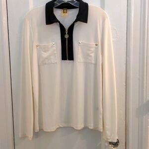 New Anne Klein blouse, shirt, top. Size L   black & white. Washable Zipper, Logo